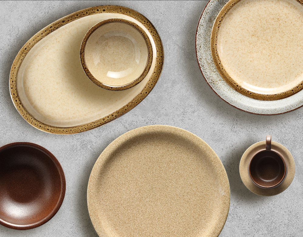 Ceramicium Earthbound Series ceramic dinnerware – bold geometric forms with rugged grey-brown kiln glaze effects