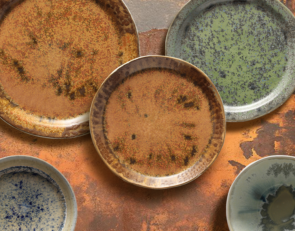 Landforms Series ceramic dinnerware set inspired by natural terrain with volcanic black and desert ochre glazes