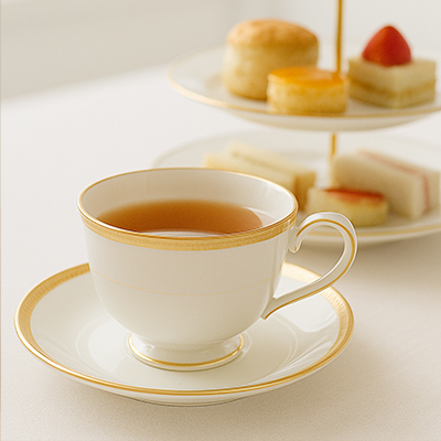 Elegant white bone china teacup and saucer with gold rim detailing on a high tea table setting with scones and pastries