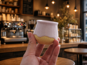 Hand holding a handcrafted ceramic espresso cup with ice cream swirl shape and two-tone glaze finish — white glossy top with natural unglazed clay base — inside a specialty coffee shop