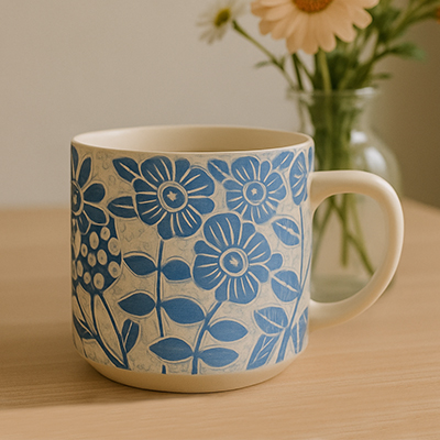 Large ceramic coffee mug with hand-painted blue floral patterns on a cream background, placed on a wooden desk next to a flower vase